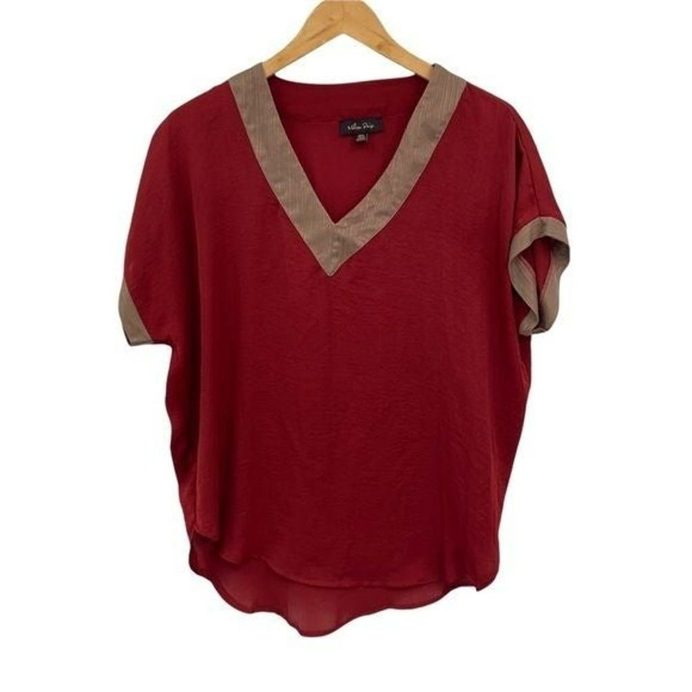 Melissa Paige red v-neck top tan trim